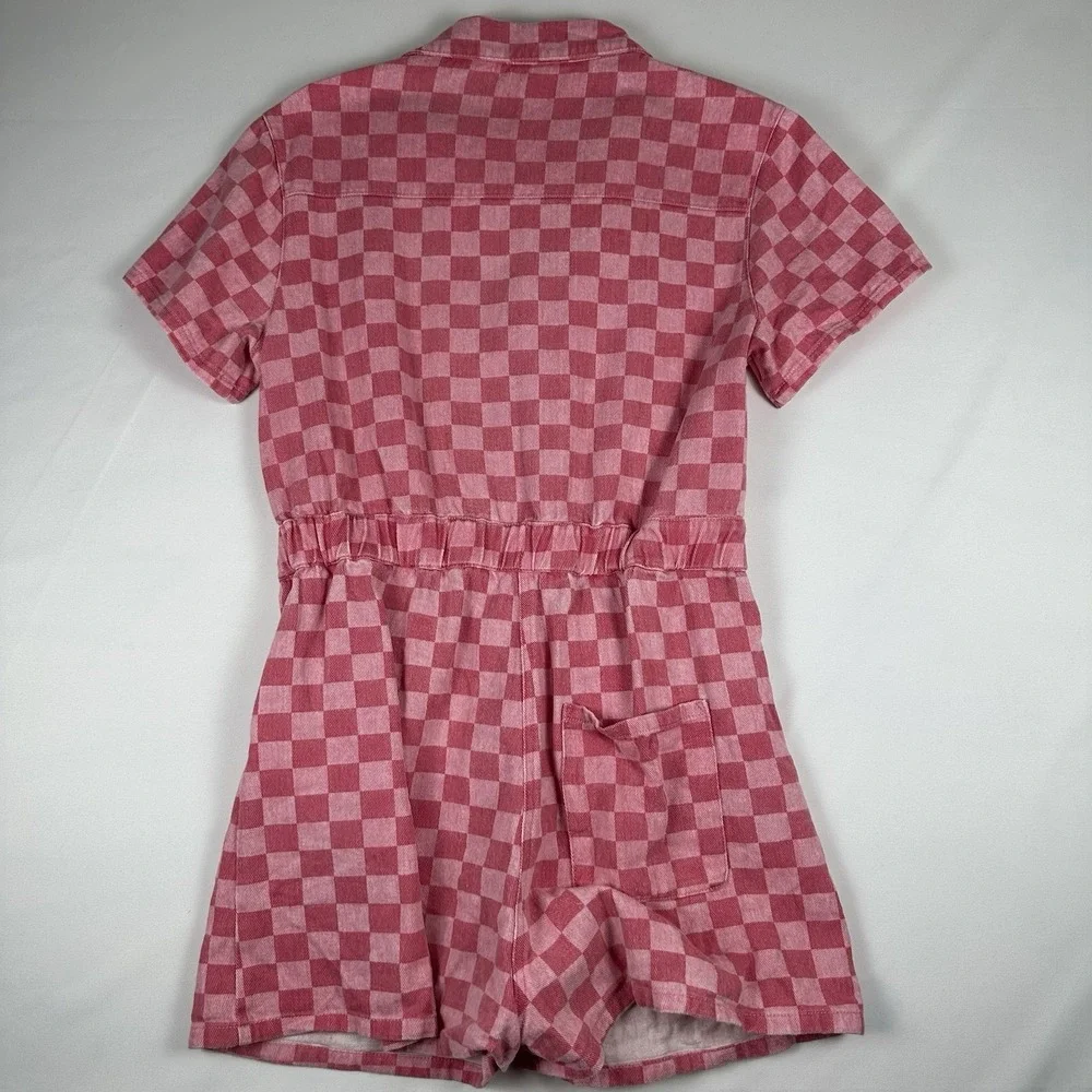 Entro Pink Checkered Romper Size S Button Front Collared Elastic Waist Y2K Retro - Picture 4 of 7